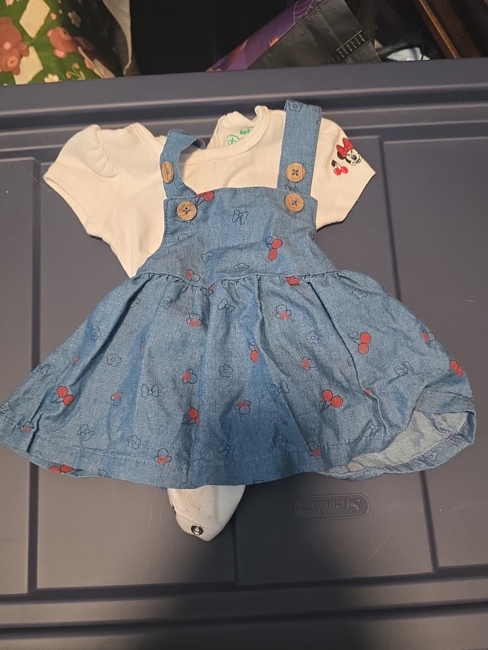 Disney Blue Denim Look Cherry Print Pinafore Dress with White Tee